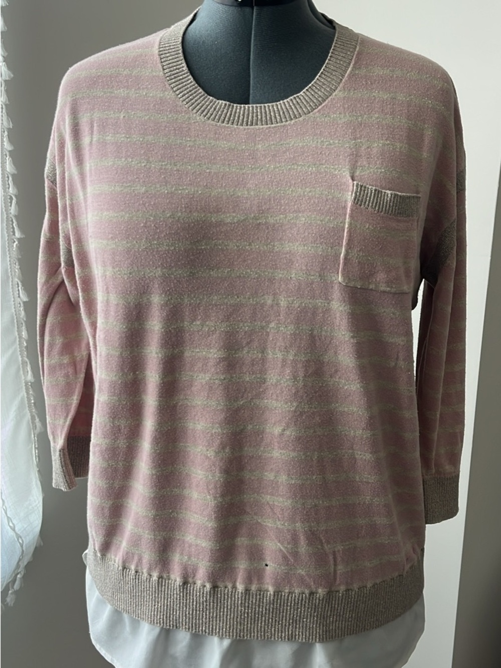 Calvin Klein Dusty Pink and Light Green Striped Crewneck Sweater
